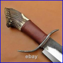 Custom Handmade D2 Die Tool Steel Bowie Knife With Steel Clip & Stag horn Handle