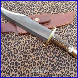 Custom Handmade D2 Steel 16 Hunting Camping Bowie Knife With Stag Horn Handle