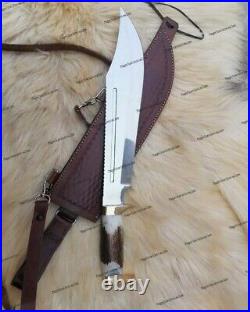 Custom Handmade D2 Steel 18 Hunting Bowie Knife With Stag Horn Handle