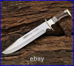 Custom Handmade D2 Steel Blade Hunting Bowie Knife With Stag Horn Handle