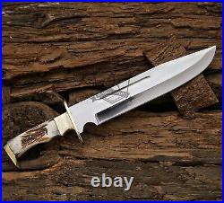 Custom Handmade D2 Steel Blade Hunting Bowie Knife With Stag Horn Handle