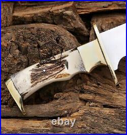 Custom Handmade D2 Steel Blade Hunting Bowie Knife With Stag Horn Handle