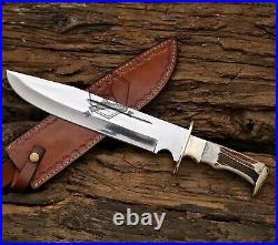 Custom Handmade D2 Steel Blade Hunting Bowie Knife With Stag Horn Handle