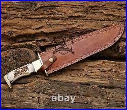 Custom Handmade D2 Steel Blade Hunting Bowie Knife With Stag Horn Handle