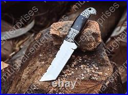 Custom Handmade D2 Steel Hand Engraved Hunting Tanto Knife With Leather Sheath