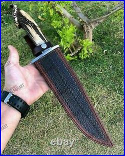 Custom Handmade D2 Steel Hunting Bowie Knife With Stag Horn Handle & Sheath