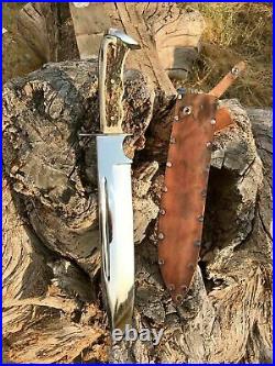 Custom Handmade D2 Steel Hunting / Stag Horn Handle Bowie Knife With Sheath