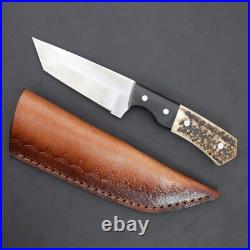 Custom Handmade D2 Steel TANTO Knife Stag Horn Handle With Leather Cover