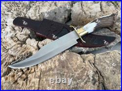 Custom Handmade D2 Tool Steel Hunting Bowie Knife Stag Horn With Leather Sheath