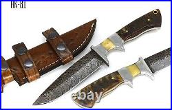 Custom Handmade Damascus Hunting Knife Ram Horn Handle With Leather Sheath