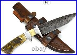 Custom Handmade Damascus Hunting Knife Ram Horn Handle With Leather Sheath