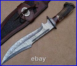 Custom Handmade Damascus Steel 15 Bowie Hunting Knife With Stag Horn Handle
