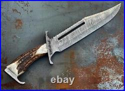 Custom Handmade Damascus Steel 15 Bowie Hunting Knife With Stag Horn Handle