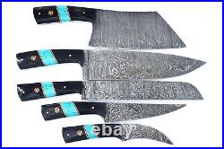 Custom Handmade Damascus Steel 5 Pc's Knife Chef Set with Turquoise/Horn Handle