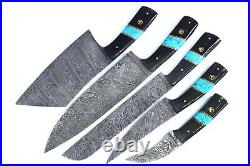 Custom Handmade Damascus Steel 5 Pc's Knife Chef Set with Turquoise/Horn Handle