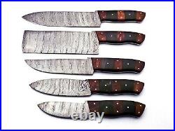 Custom Handmade Damascus Steel 5 Pc's Knife Chef Set with Wood and Horn Handle