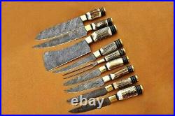 Custom Handmade Damascus Steel 9 Pieces Kitchen Chef Set With Stag Horn Handle