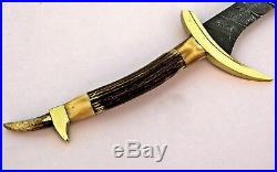 Custom Handmade Damascus Steel Beautiful Sword with Splendid Stag Horn Handle