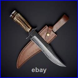 Custom Handmade Damascus Steel Bowie Hunting Knife With Horn Stag Handle