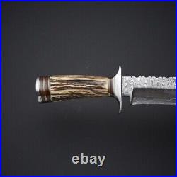 Custom Handmade Damascus Steel Bowie Hunting Knife With Horn Stag Handle