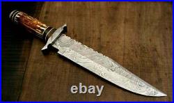 Custom Handmade Damascus Steel Bowie Hunting Knife with Stag Horn Handle