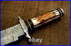 Custom Handmade Damascus Steel Bowie Hunting Knife with Stag Horn Handle