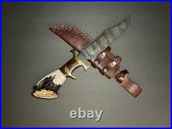 Custom Handmade Damascus Steel Bowie Knife Stag Horn Style With Leather Sheath