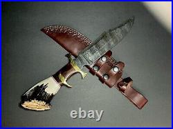 Custom Handmade Damascus Steel Bowie Knife Stag Horn Style With Leather Sheath