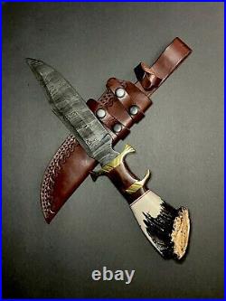 Custom Handmade Damascus Steel Bowie Knife Stag Horn Style With Leather Sheath