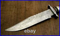 Custom Handmade Damascus Steel Bowie Knife With Stag Horn Handle & Leather Sheat