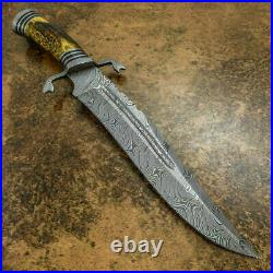 Custom Handmade Damascus Steel Fabulous Bowie Knife with Fire Stag Horn Handle