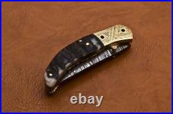 Custom Handmade Damascus Steel Fabulous Pocket Knife with Ram Horn on Handle