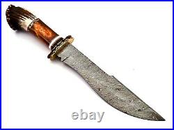 Custom Handmade Damascus Steel Hunting Knife with Crown Stag Antler Horn Handle