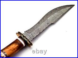 Custom Handmade Damascus Steel Hunting Knife with Crown Stag Antler Horn Handle