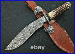 Custom Handmade Damascus Steel Hunting knife, Handle Stag Horn With Leather