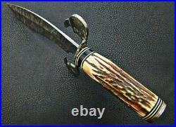Custom Handmade Damascus Steel Hunting knife, Handle Stag Horn With Leather