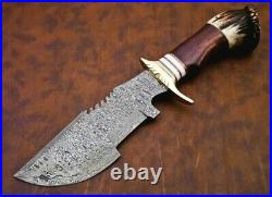 Custom Handmade Damascus Steel Tracker Knife Handle Stag Horn With Leather