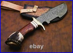 Custom Handmade Damascus Steel Tracker Knife Handle Stag Horn With Leather