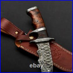 Custom Handmade Forged Knife Damascus Steel Hunting Knife with Leather Sheath