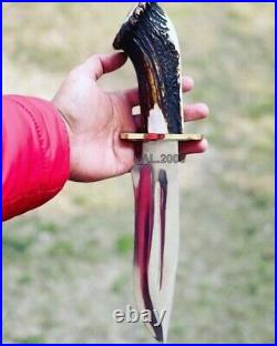 Custom Handmade Hunting Bowie Knife Stag Horn Handle With Leather Sheath
