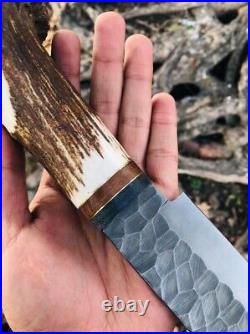 Custom Handmade Hunting Bowie Knife Stag Horn Handle With Leather Sheath NEW
