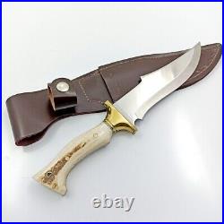 Custom Handmade Hunting Knife Bowie Knife Deer Horn Handle with Leather Sheath