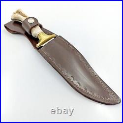 Custom Handmade Hunting Knife Bowie Knife Deer Horn Handle with Leather Sheath