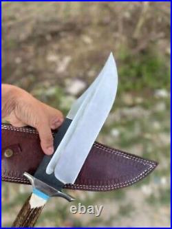 Custom Handmade Steel Stag Horn Handle Hunting Bowie Knife with Sheath