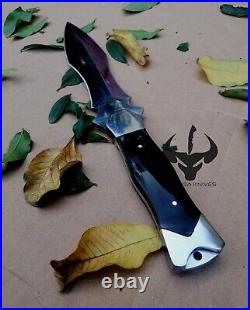 Custom Handmade knife High polish Double Edge Blade Buffalo horn with sheath 13