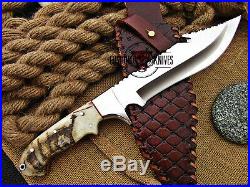 Custom Made D2 Tool Steel Ram Horn Mirror Polish Hunting Bowie Knife With Sheath