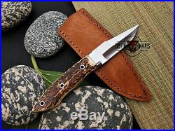 Custom Made Loveless Style Stag Horn Full Tang Chute Knife With Leather Pouch