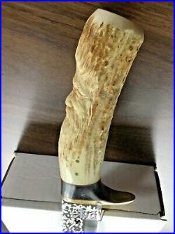 Custom Made Tom Vosler #9267 Signed Hunting Knife With Hand Carved Horn Handle