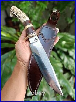 Custom bowie pocket hunting knife 7.7 Germany saw forged steel, Stag, L sheath