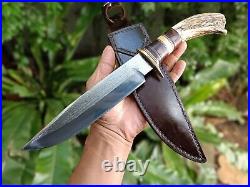 Custom bowie pocket hunting knife 7.7 Germany saw forged steel, Stag, L sheath